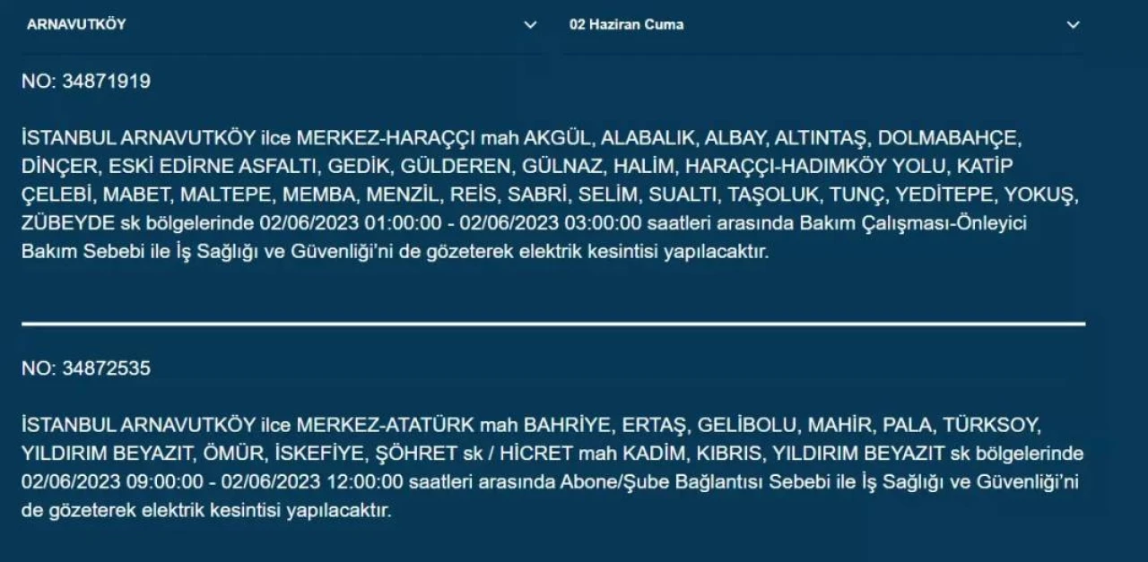 İstanbul'da O İlçelerde Elektrik Kesintisi Var! 02 Haziran 2023 Cuma 24